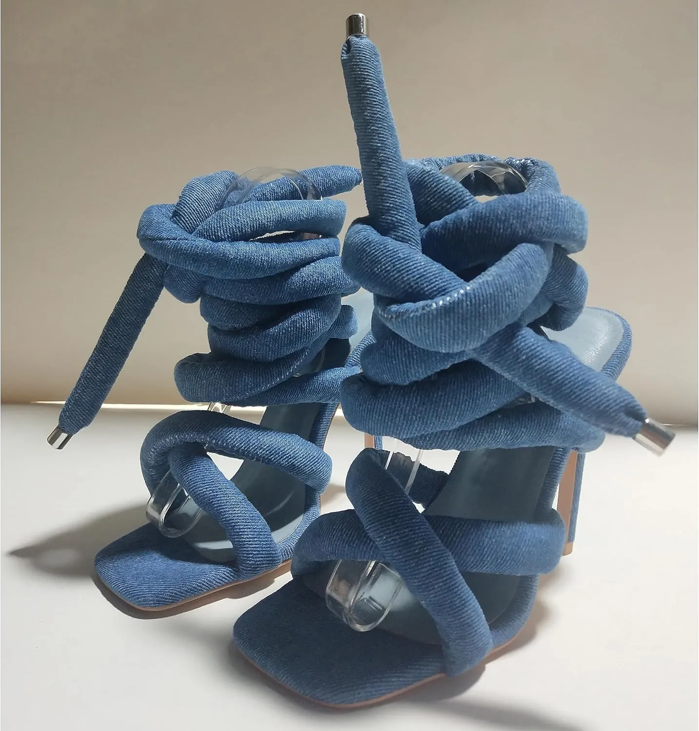 Yishaweiqi Strappy Sandals for Women Rope Lace up Gladiator Sandals Sexy Square Open Toe Stiletto High Heels Tie Up Heeled Sandals for Women