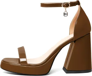YODEKS Women Heeled Sandals Platform Chunky Block High Heels Strappy Open Round Toe 4 Inch One Strap Party Dress Shoes