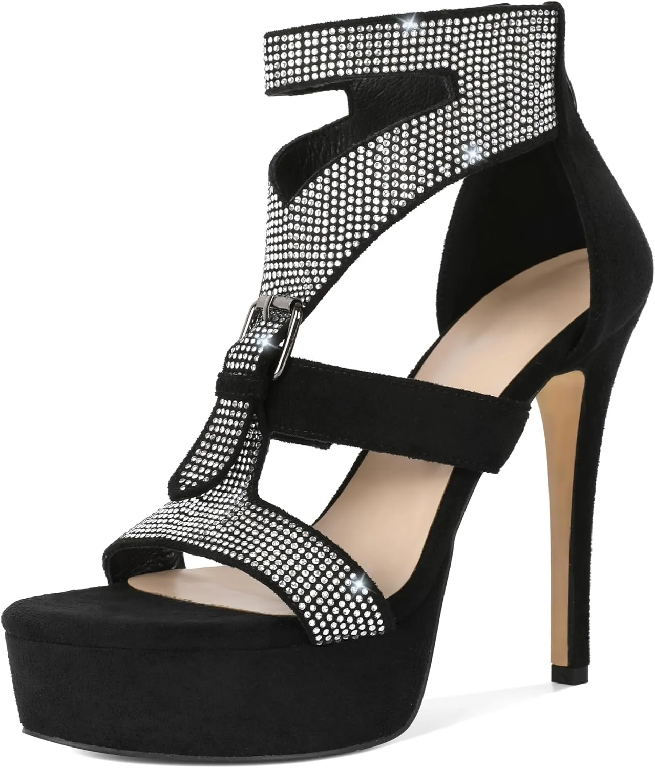 Zamikoo Womens Rhinestone Heeled Sandals Open Toe Strappy Platform Stiletto High Heel Sandals 5 Inches