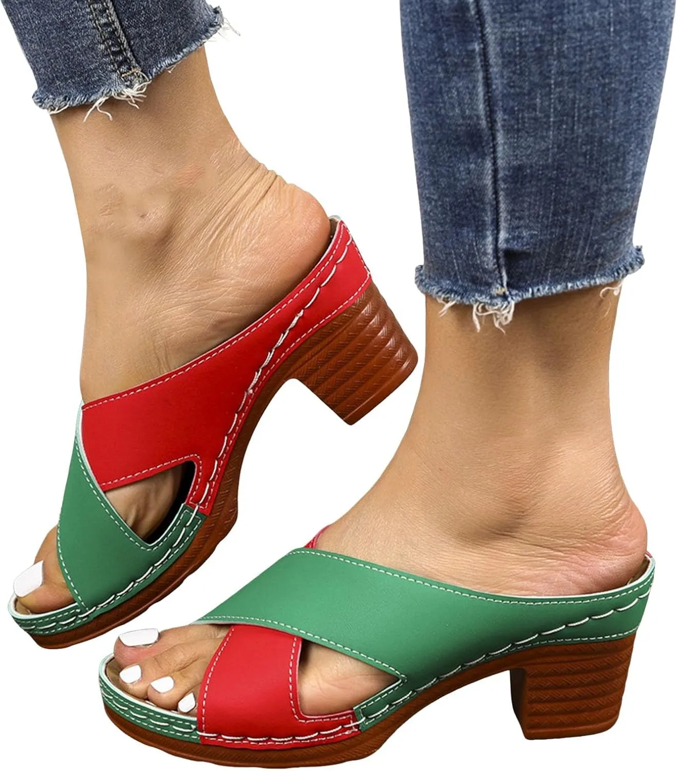 ZSpzx Chunky Heel Sandals for Women 2025 Wide Width Open Toe X-Band Slip On Sandal Orthopedic Arch Support Non Slip Block Slide Summer Comfortable Breathable Casual Shoes for Daily Work Beach Party