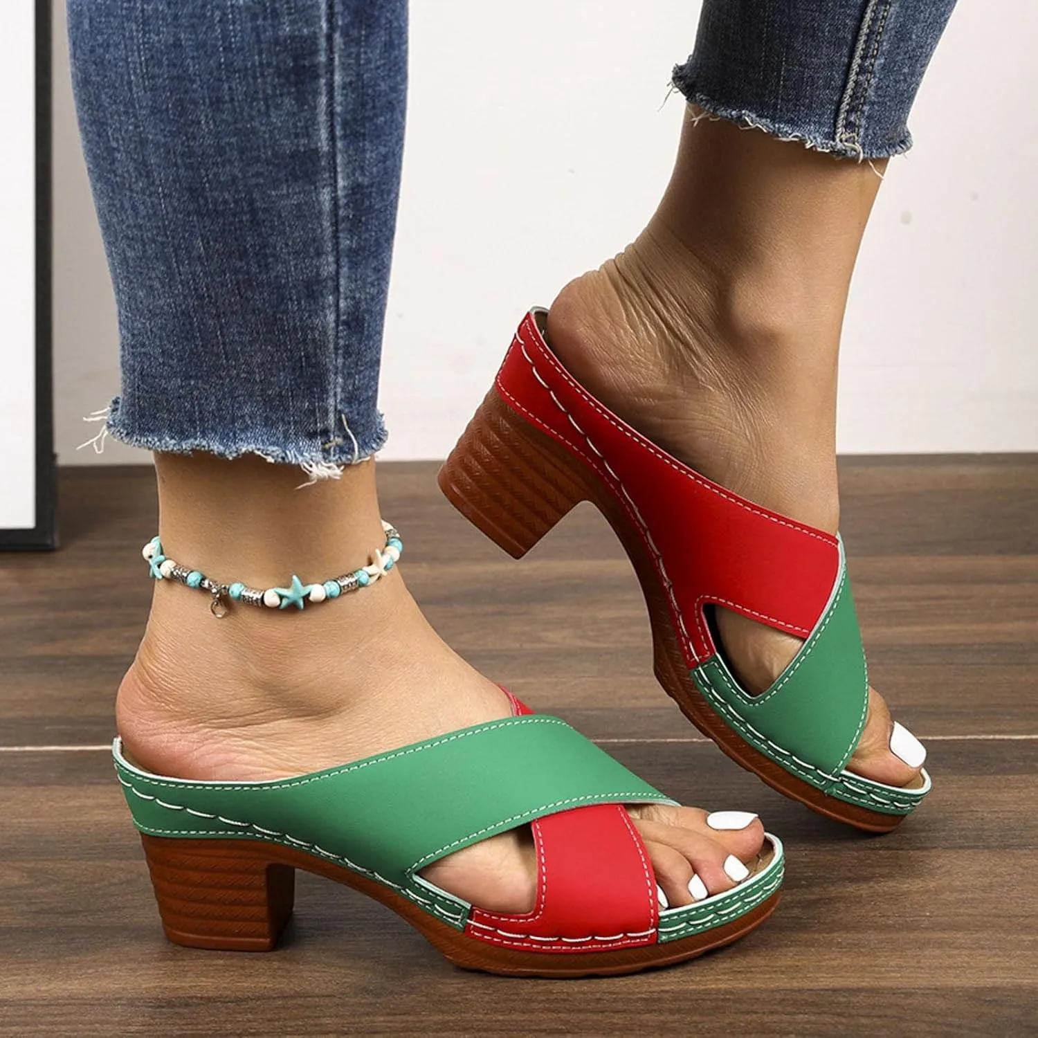 ZSpzx Chunky Heel Sandals for Women 2025 Wide Width Open Toe X-Band Slip On Sandal Orthopedic Arch Support Non Slip Block Slide Summer Comfortable Breathable Casual Shoes for Daily Work Beach Party